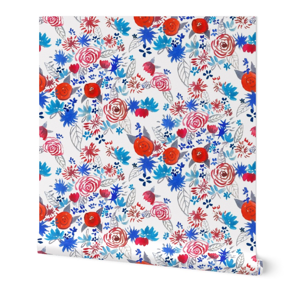 Patriotic Red, White,  Blue Watercolor Floral (Medium Scale)