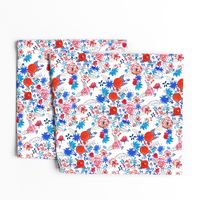 Patriotic Red, White,  Blue Watercolor Floral (Medium Scale)