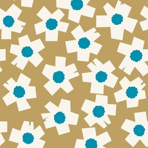 Square Flowers in gold yellow, teal blue, cream white