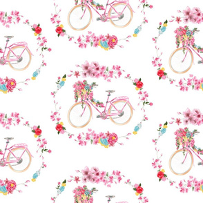 Hand drawn watercolor vintage bicycle with flowers repeat pattern design