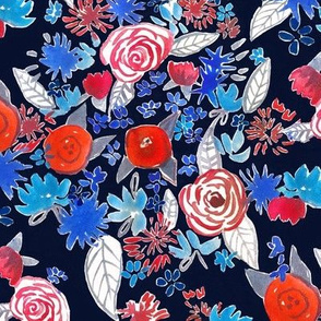 Patriotic red, white, and blue watercolor floral // navy