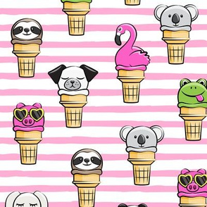 animal ice cream cones - summer fun - pink  stripes - LAD19