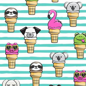 animal ice cream cones - summer fun -  teal stripes - LAD19