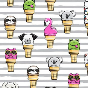 animal ice cream cones - summer fun - grey stripes - LAD19