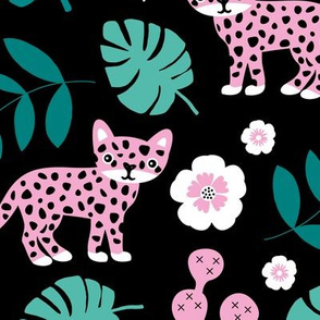 Sweet little wild cat tiger jungle botanical monstera palm leaves and flowers summer black green pink girls JUMBO