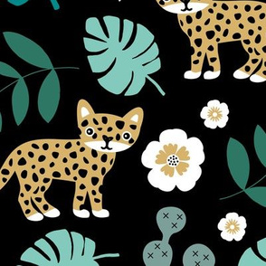 Sweet little wild cat tiger jungle botanical monstera palm leaves and flowers summer black green ochre boys JUMBO