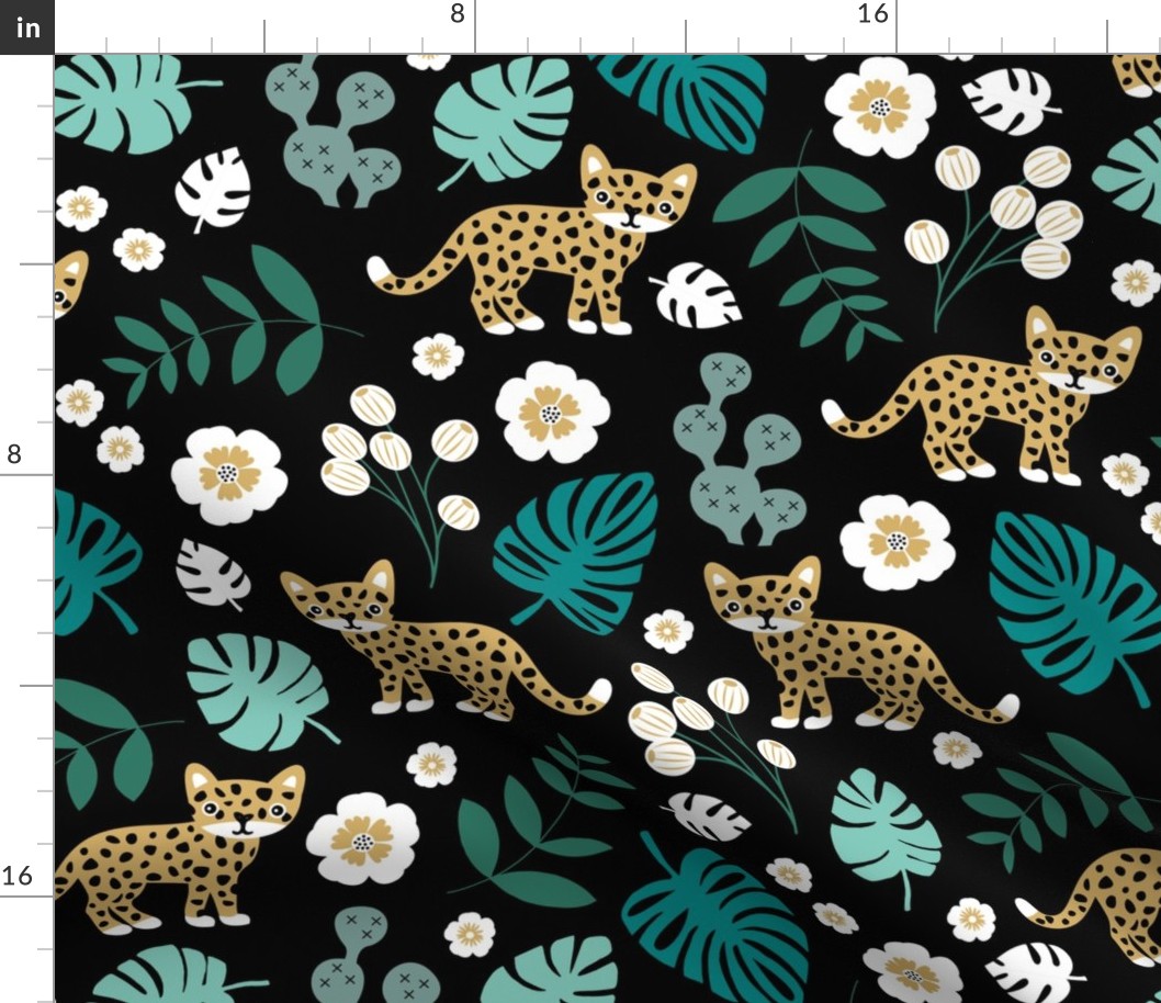 Sweet little wild cat tiger jungle botanical monstera palm leaves and flowers summer black green ochre boys JUMBO