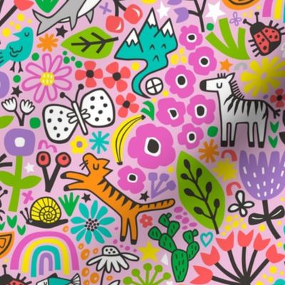 Floral Flowers & Animals Doodle on Pink