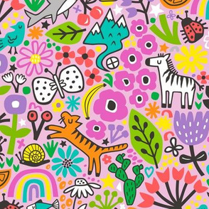 Floral Flowers & Animals Doodle on Pink