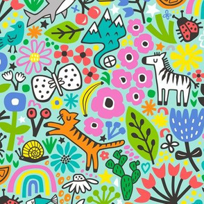 Floral Flowers & Animals Doodle on Mint Green