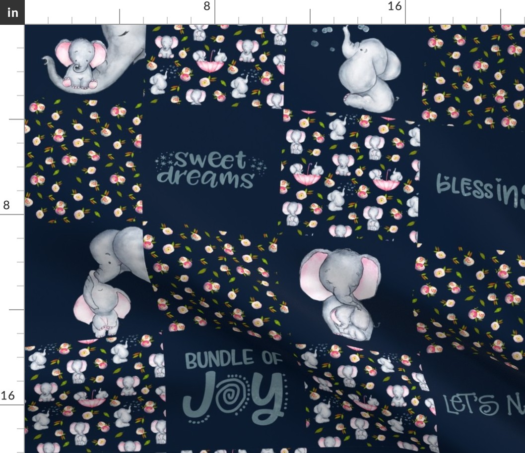 Little Elephants and Cute Animals Patchwork - baby girls quilt cheater quilt fabric - spring animals flower fabric, baby fabric, cheater quilt fabric on dark blue