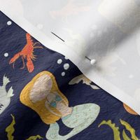 4.5" Ocean Nursery Fairytales - Mermaids Fishes and Neptun on dark blue - Mermaid Fabric 