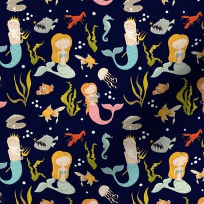 4.5" Ocean Nursery Fairytales - Mermaids Fishes and Neptun on dark blue - Mermaid Fabric 
