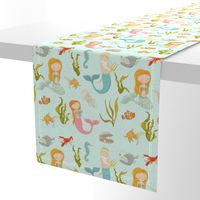 10" Ocean Nursery Fairytales - Mermaids Fishes and Neptun on turquoise blue - Mermaid Fabric 