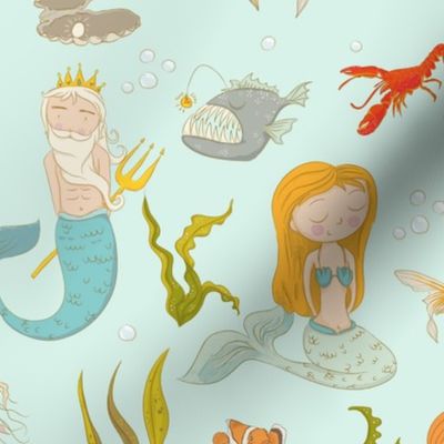 10" Ocean Nursery Fairytales - Mermaids Fishes and Neptun on turquoise blue - Mermaid Fabric 