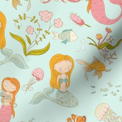 10" Ocean Nursery Fairytales - Mermaids Fishes and Neptun on turquoise blue - Mermaid Fabric 