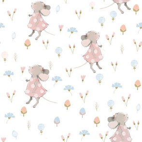 10" Cute baby mouse girl and flowers, mouse fabric, mouse nursery on flower meadow