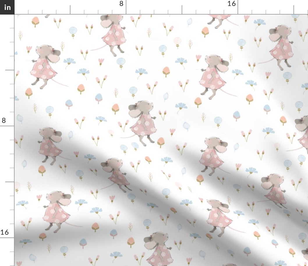 10" Cute baby mouse girl and flowers, mouse fabric, mouse nursery on flower meadow