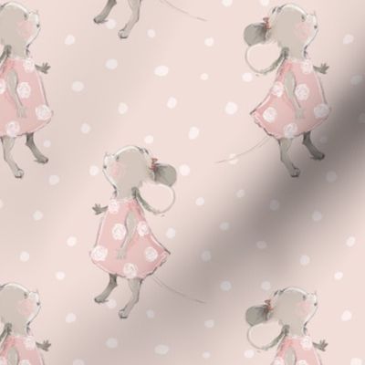 6" Cute baby mouse girl and flowers, mouse fabric, mouse nursery on blush polkadots