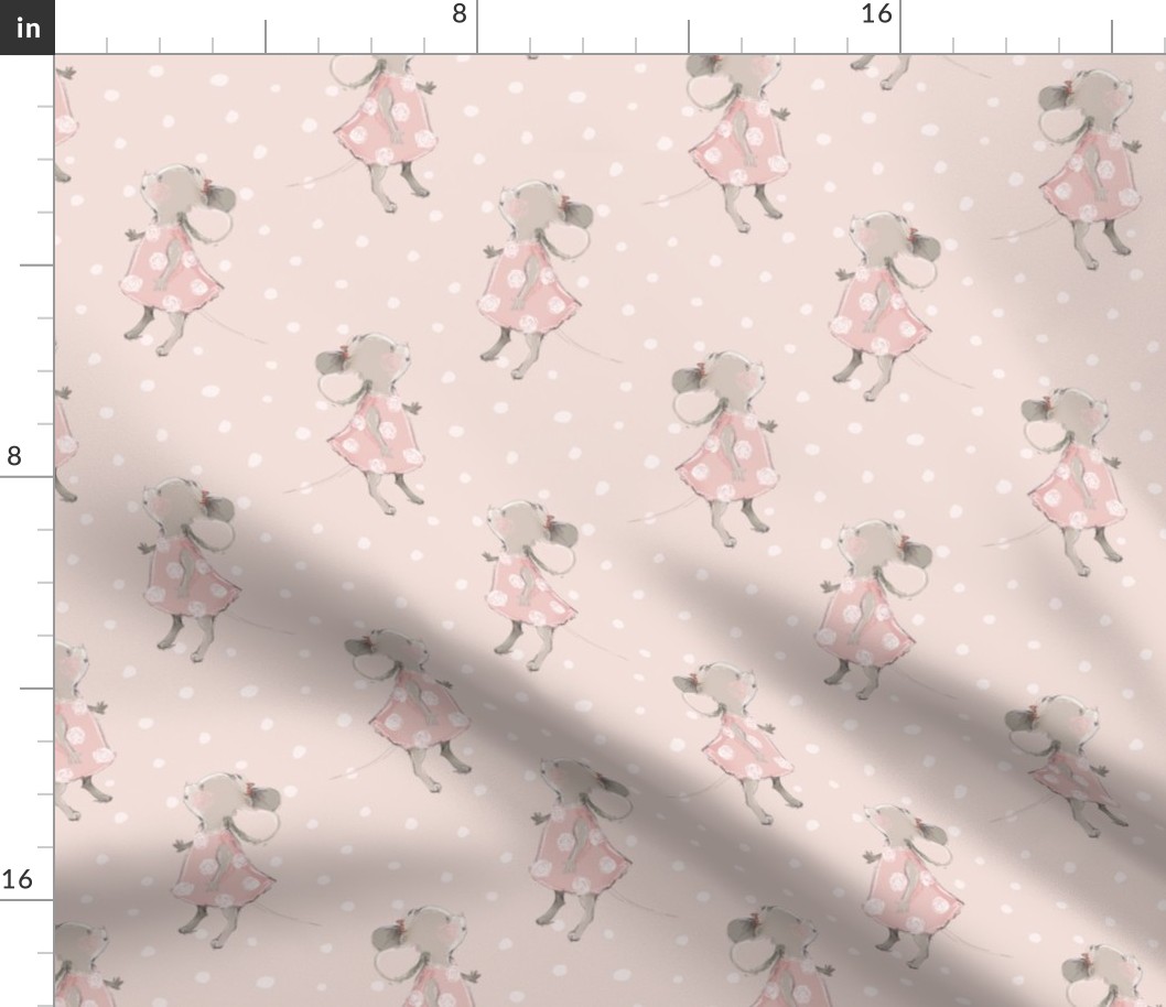 6" Cute baby mouse girl and flowers, mouse fabric, mouse nursery on blush polkadots