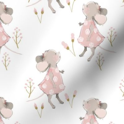 6" Cute baby mouse girl and flowers, mouse fabric, mouse nursery on flower meadow