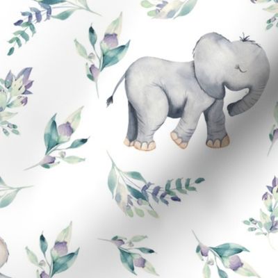 10" Cute baby elephants and flowers, elephant fabric, elephant nursery