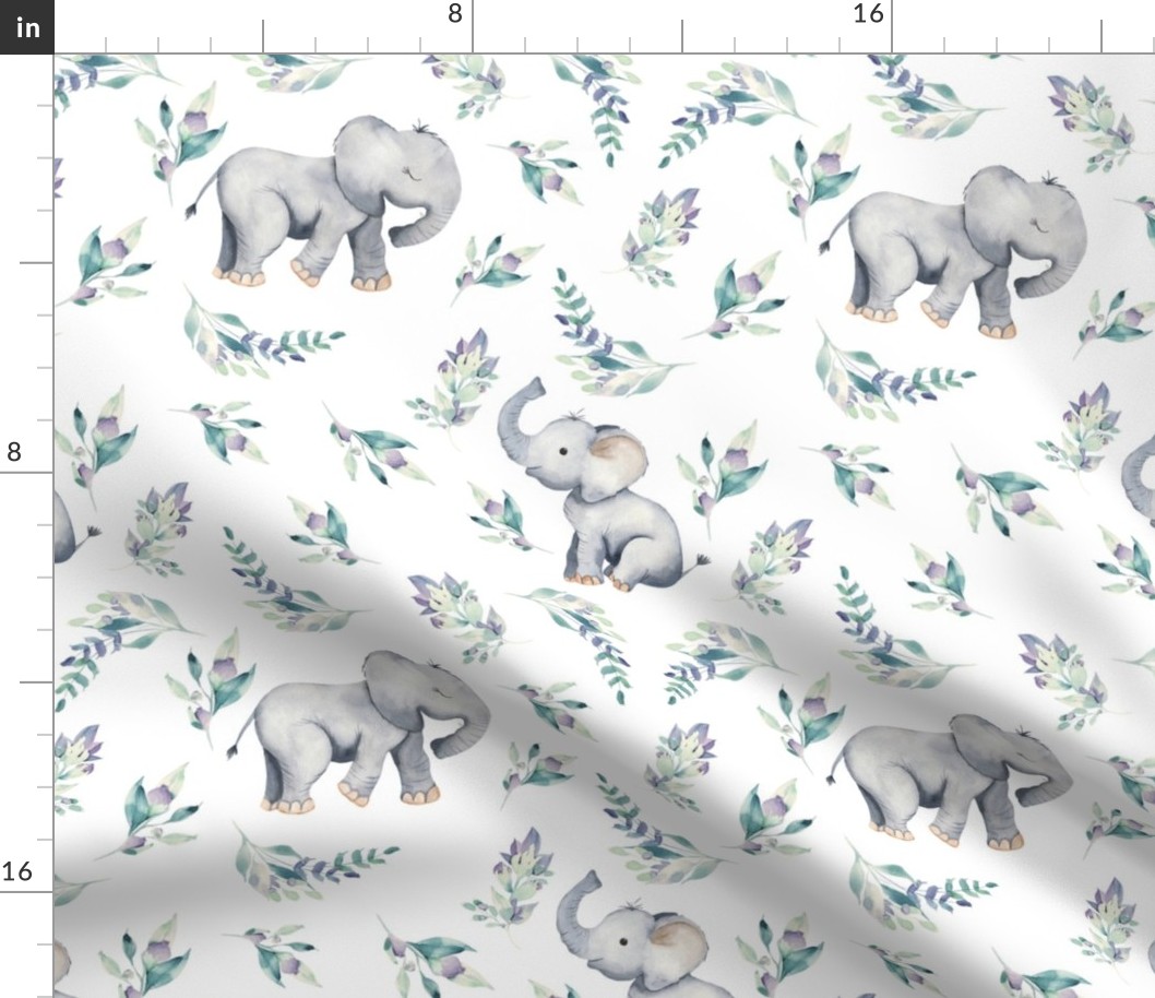 10" Cute baby elephants and flowers, elephant fabric, elephant nursery