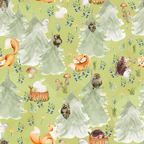 18" Woodland Animals in Forest, Owl and Fox,Mouse and Hedgehog, Woodland fabric, woodland animals fabric dark