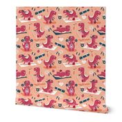 Small scale // Fitness exercises for a dino // coral background red t-rex dinosaurs