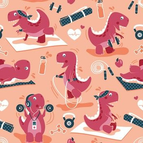 Small scale // Fitness exercises for a dino // coral background red t-rex dinosaurs