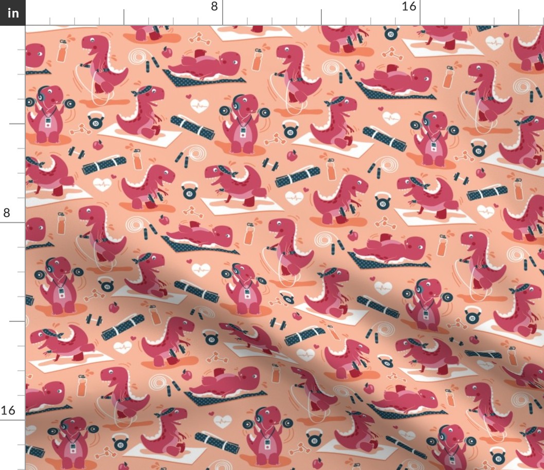 Small scale // Fitness exercises for a dino // coral background red t-rex dinosaurs