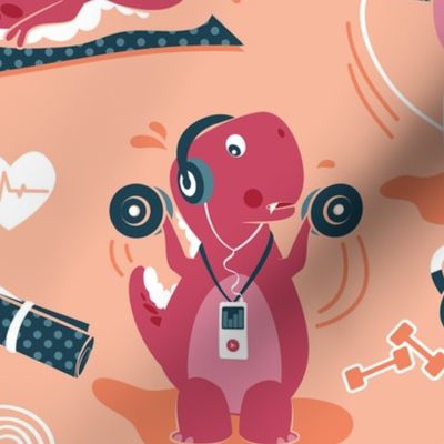 Normal scale // Fitness exercises for a dino // coral background red t-rex dinosaurs