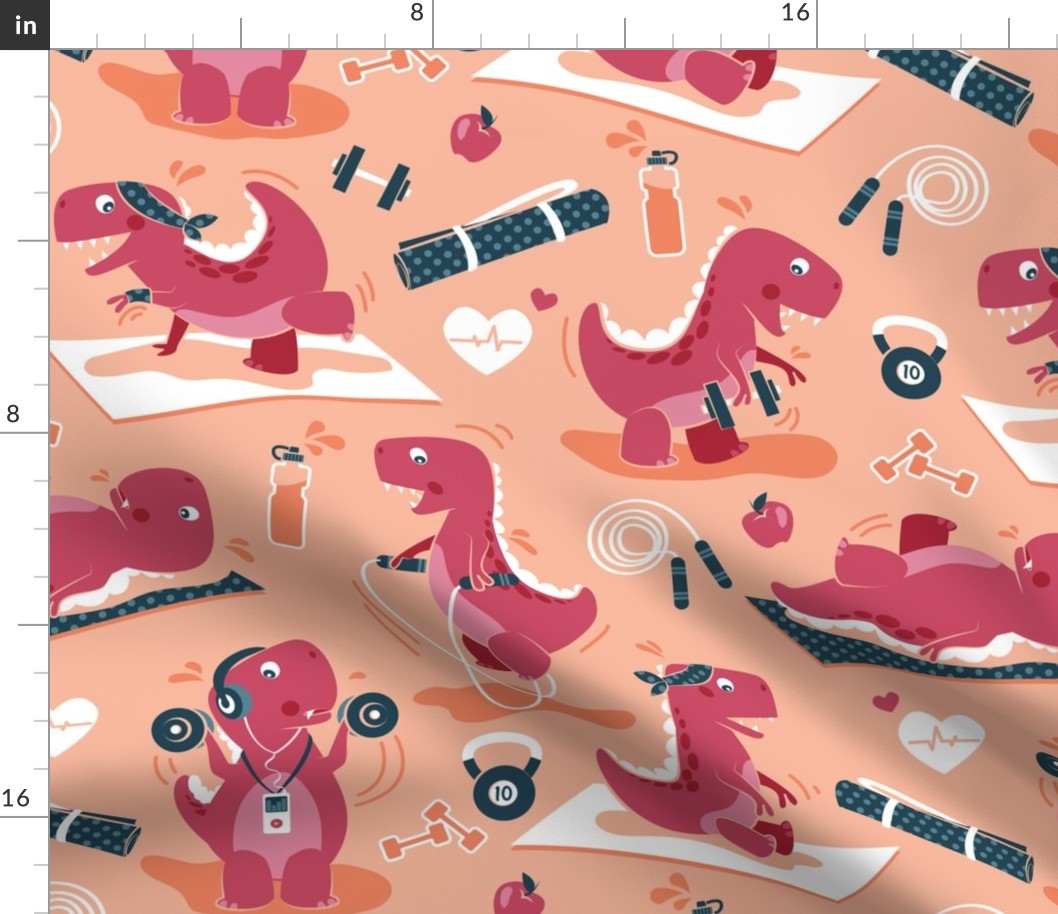 Normal scale // Fitness exercises for a dino // coral background red t-rex dinosaurs