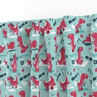 Small scale // Fitness exercises for a dino // aqua background red t-rex dinosaurs