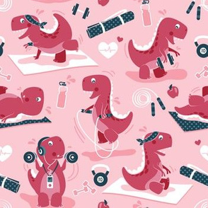 Small scale // Fitness exercises for a dino // small scale // pink background red t-rex dinosaurs