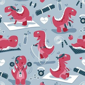 Small scale // Fitness exercises for a dino // pale blue background red t-rex dinosaurs