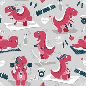 Small scale // Fitness exercises for a dino // grey background red t-rex dinosaurs