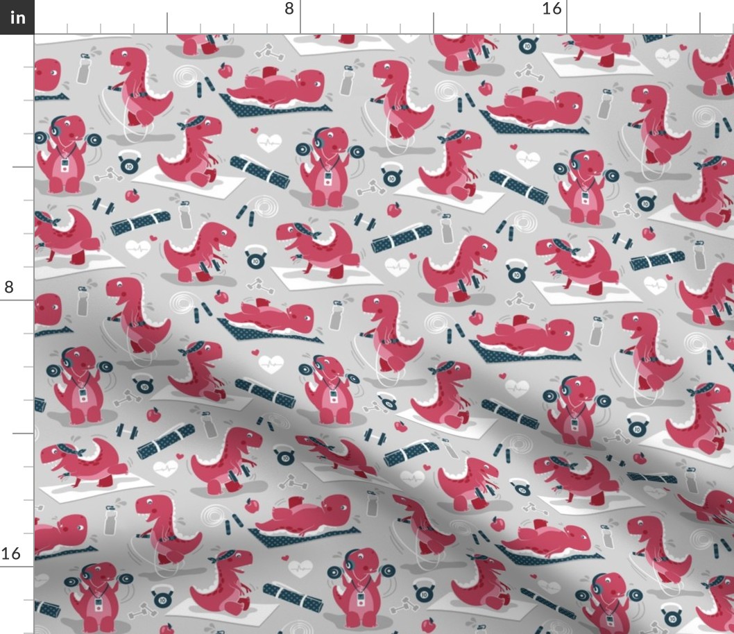 Small scale // Fitness exercises for a dino // grey background red t-rex dinosaurs