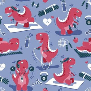 Small scale // Fitness exercises for a dino // indigo blue background red t-rex dinosaurs