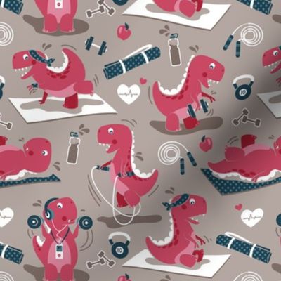 Small scale // Fitness exercises for a dino // brown background red t-rex dinosaurs