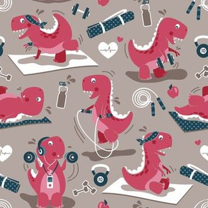 Small scale // Fitness exercises for a dino // brown background red t-rex dinosaurs