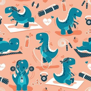 Small scale // Fitness exercises for a dino // small scale // coral background teal t-rex dinosaurs