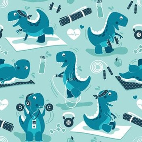 Small scale // Fitness exercises for a dino // aqua background teal t-rex dinosaurs