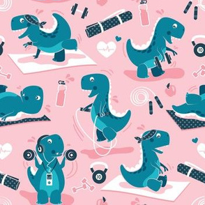 Small scale // Fitness exercises for a dino // pink background teal t-rex dinosaurs