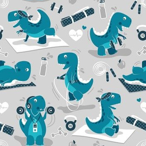 Small scale // Fitness exercises for a dino //  grey background teal t-rex dinosaurs