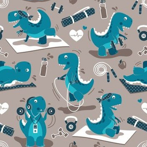 Small scale // Fitness exercises for a dino // brown background teal t-rex dinosaurs
