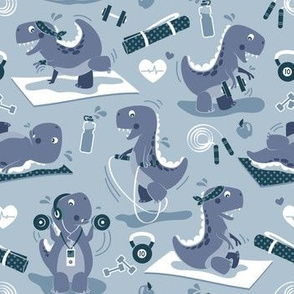 Small scale // Fitness exercises for a dino // pale blue background blue t-rex dinosaurs
