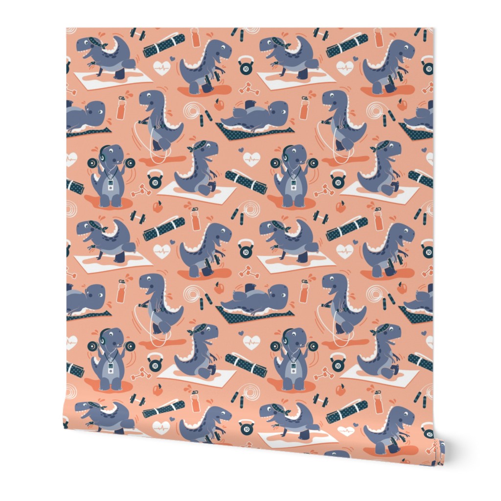 Small scale // Fitness exercises for a dino // coral background blue t-rex dinosaurs