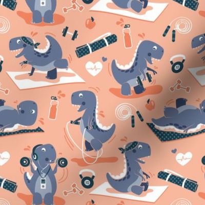 Small scale // Fitness exercises for a dino // coral background blue t-rex dinosaurs