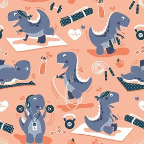 Small scale // Fitness exercises for a dino // coral background blue t-rex dinosaurs